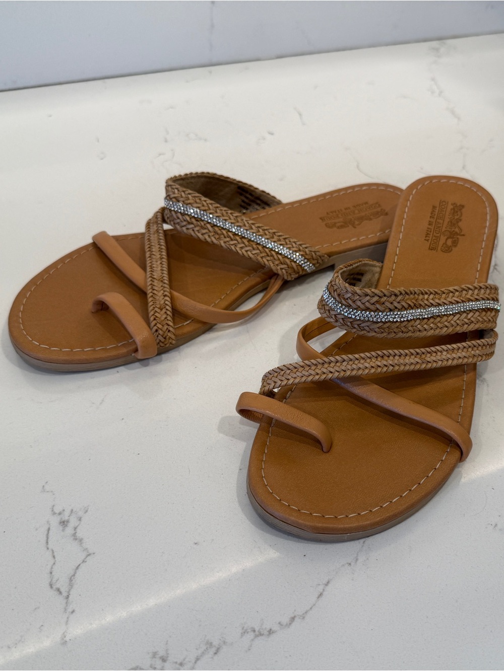 Coach and Four Woven Strap Tan Women's Slide Sandals